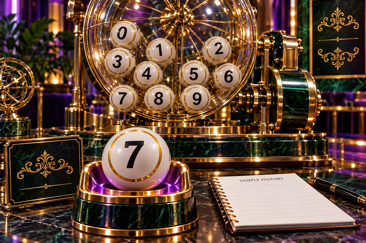 Detailed lottery draw cage containing numbered balls and a foreground ball marked 7 beside an empty sample-history notebook.