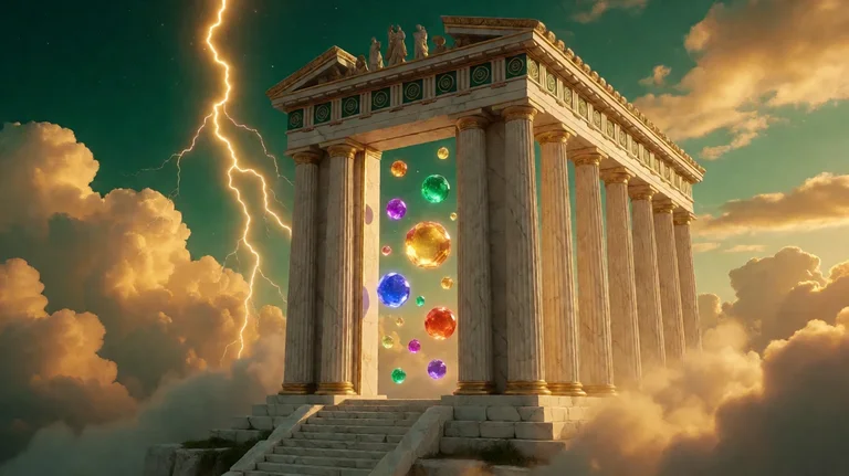 A white marble Greek temple with gold-trimmed columns above golden clouds, colourful glowing gem orbs floating between its pillars and a lightning bolt in a green sky