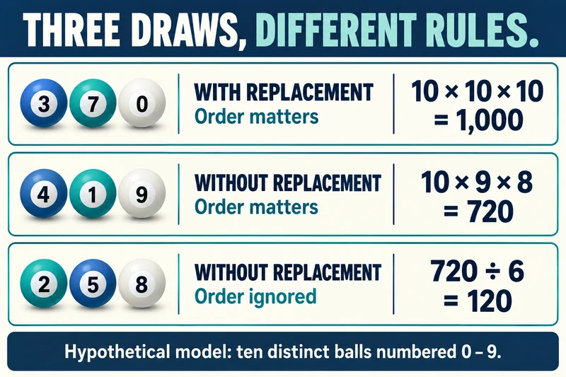 Three toy lottery rules yield1,000 ordered draws with replacement,720 ordered draws without replacement and120 unordered sets.